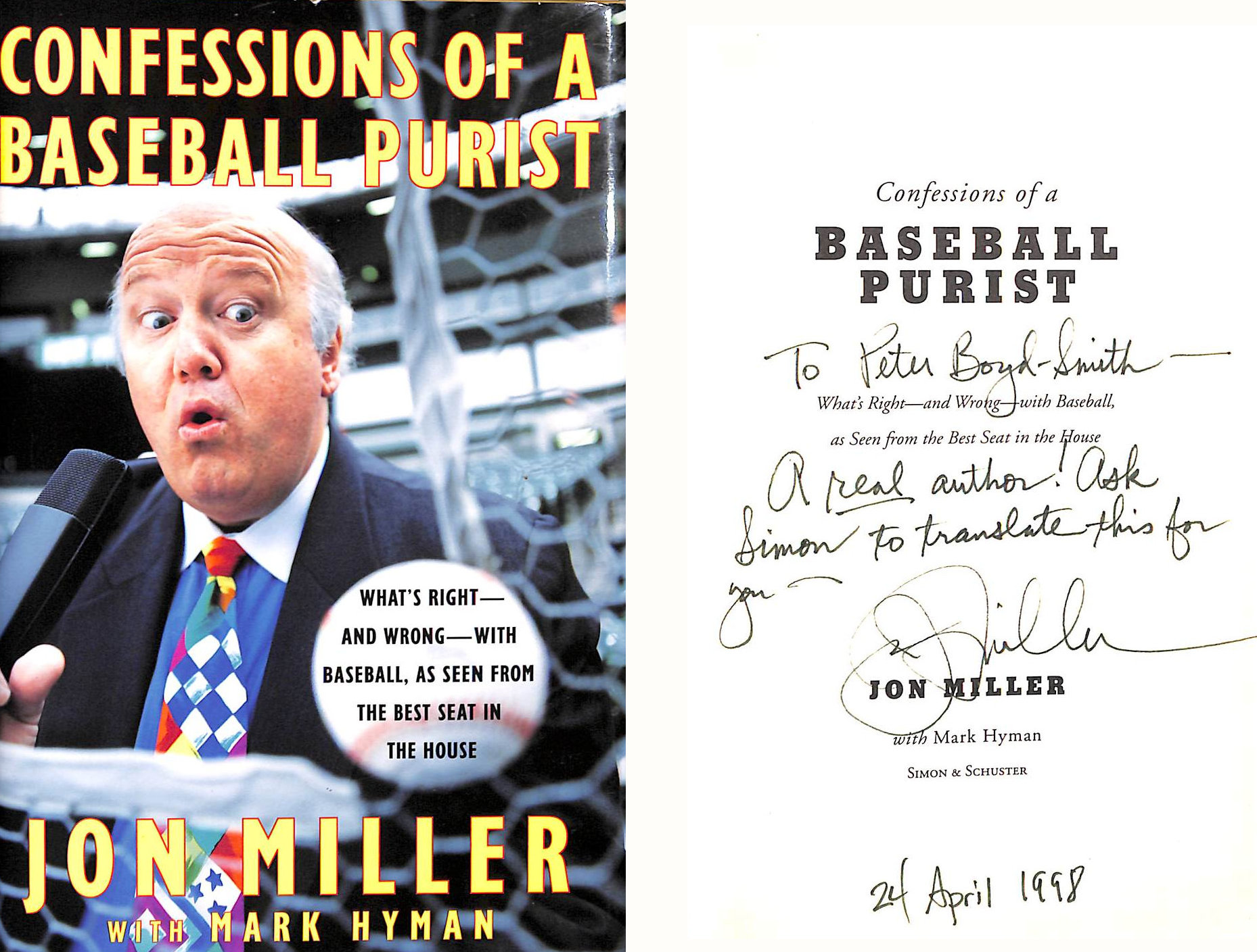 Confessions of a Baseball Purist, Gift inscription by the author