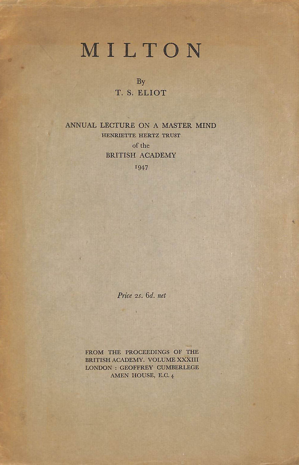 Milton, Annual Lecture on a Master Mind